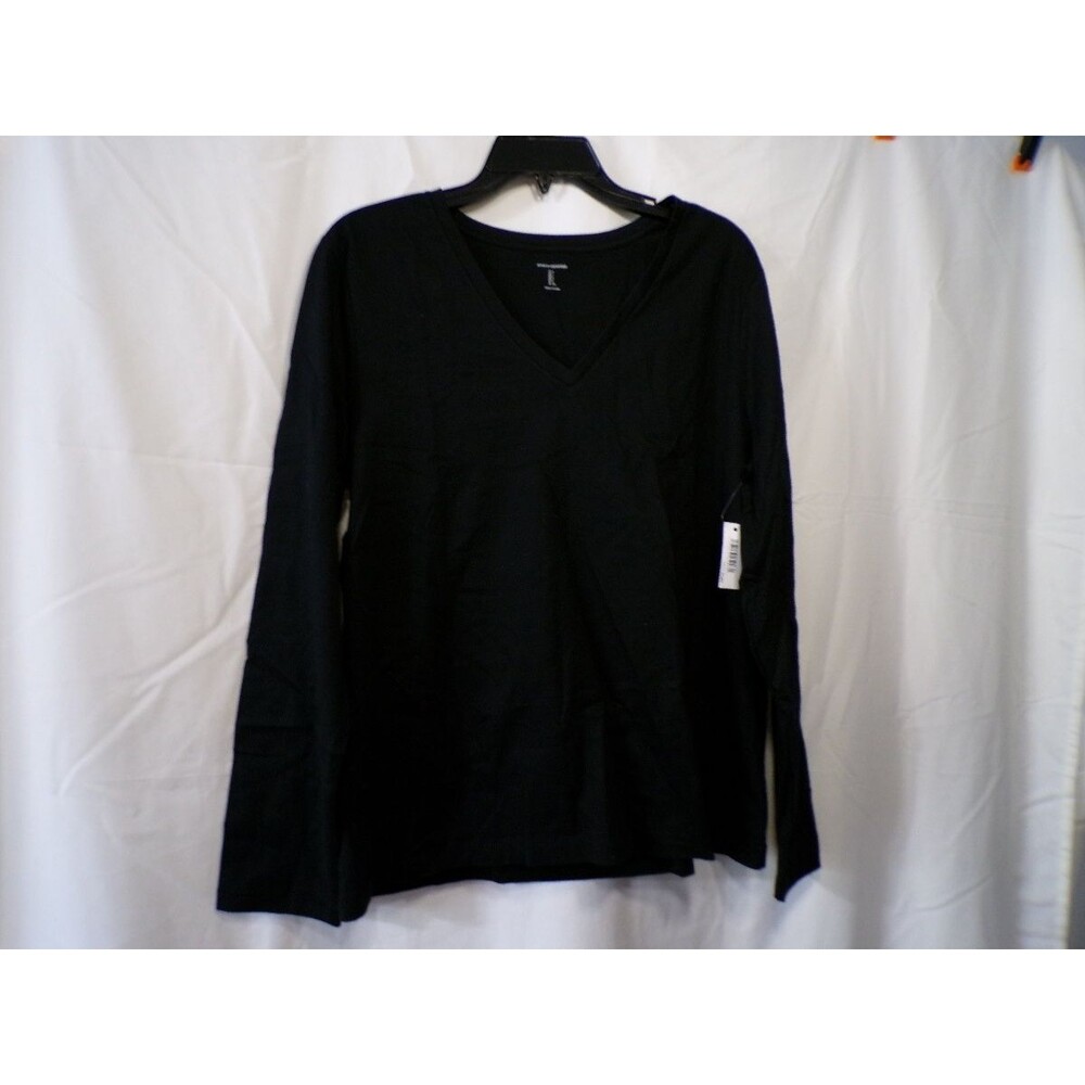 Amazon Essentials Women's V Neck Long Sleeve Tee Large Black 100% Cotton